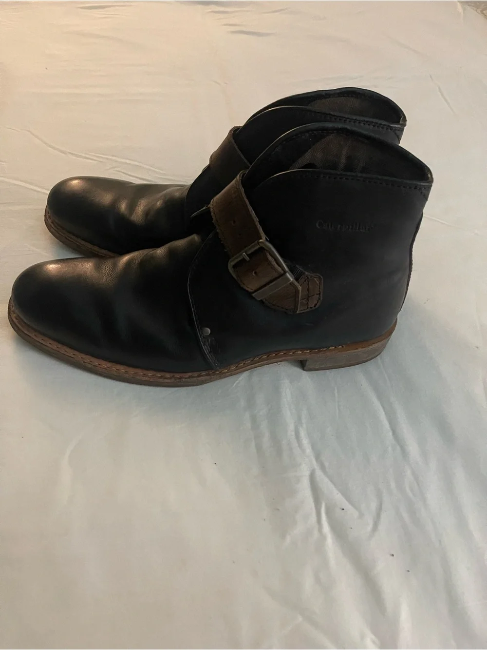 Caterpillar Black Leather Chukka Boots with Brown Strap